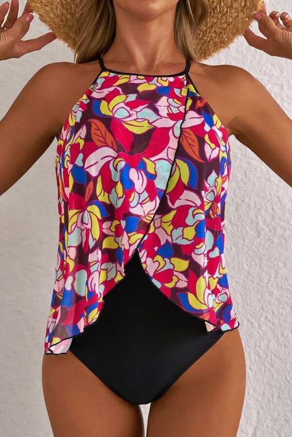 Purple Floral Print O Neck Open Back One Piece Swimsuit - Image 6