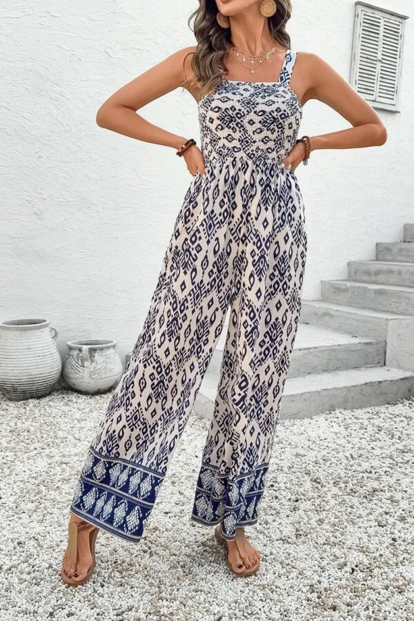Blue Boho Geometric Print Shirred High Waist Wide Leg Jumpsuit - Image 5