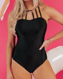 Black Sleeveless Strappy Halter Neck Sexy One Piece Swimsuit
