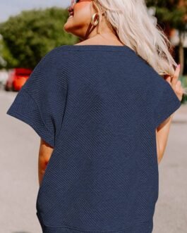 Navy Blue Textured Loose Fit T Shirt and Drawstring Pants Set