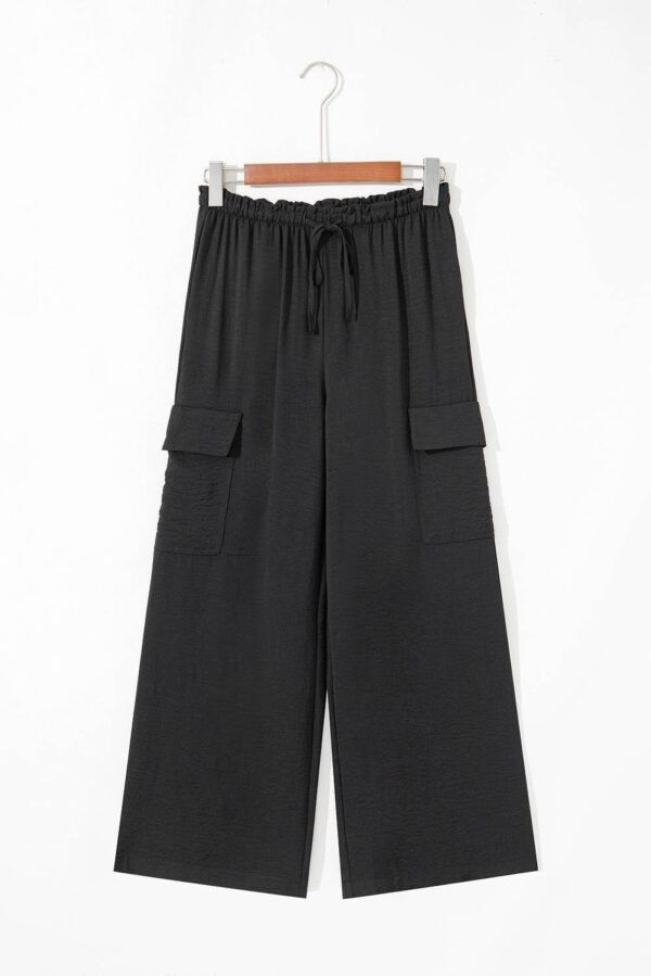 Black Drawstring Frilled Waist Wide Leg Utility Trousers - Image 9