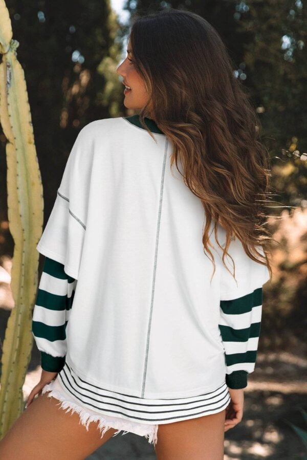 White Stripe Colorblock Sleeve Exposed Seam Fake-2-Piece Sweatshirt - Image 2