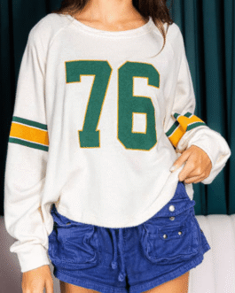 White Number 76 Printed Retro Sporty Long Sleeve Top