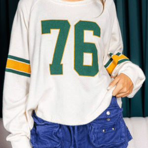 White Number 76 Printed Retro Sporty Long Sleeve Top