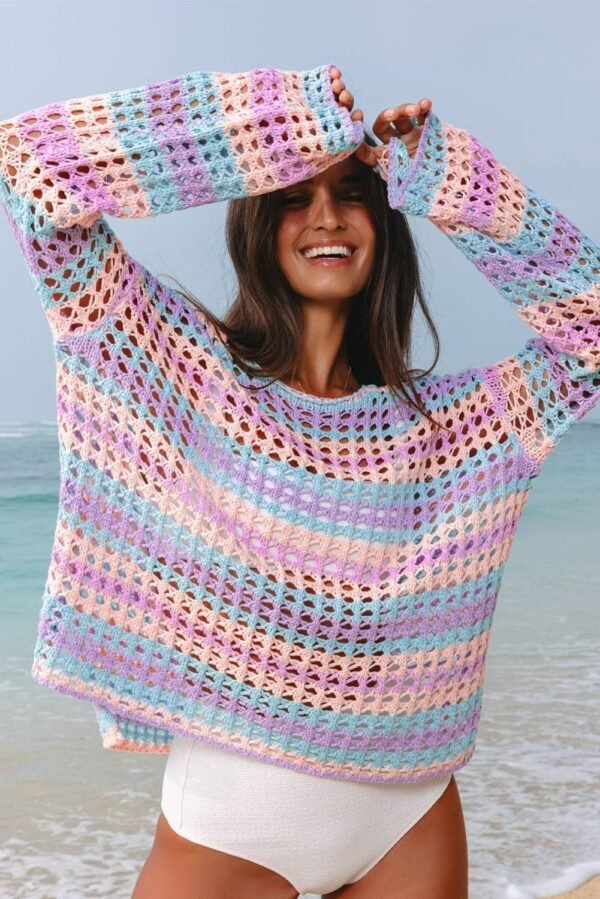 Carrot Multi Stripe Open Knit Sweater Beach Cover Up - Image 7