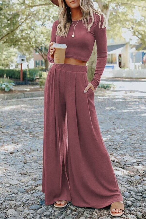 Black Solid Color Ribbed Crop Top Long Pants Set - Image 4