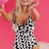 Black Stripe Bowknot Ricrac Print V Neck Low Back Cut One Piece Swimsuit