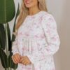 Pink Floral Print Shirred Balloon Sleeve Keyhole Back Babydoll Blouse