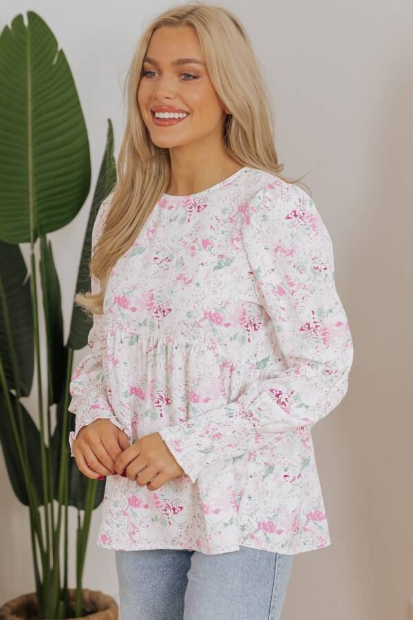 Pink Floral Print Shirred Balloon Sleeve Keyhole Back Babydoll Blouse - Image 3