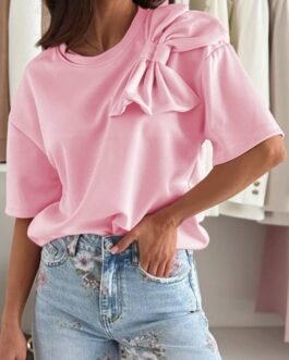 Pink Bow Applique Half Sleeve T-shirt