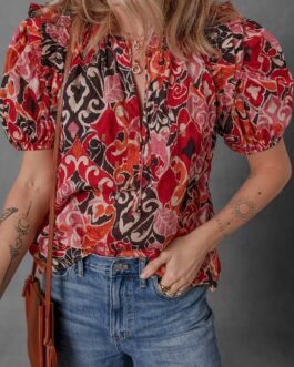 Red Ethnic Print Split Neck Short Puff Sleeve Blouse