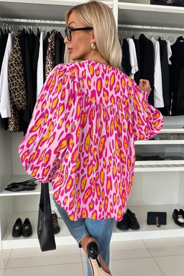 Light French Beige Oversized Leopard Print Balloon Sleeve Casual Shirt - Image 14