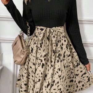 Black Ribbed Knit Patchwork Printed Belted A-line Dress