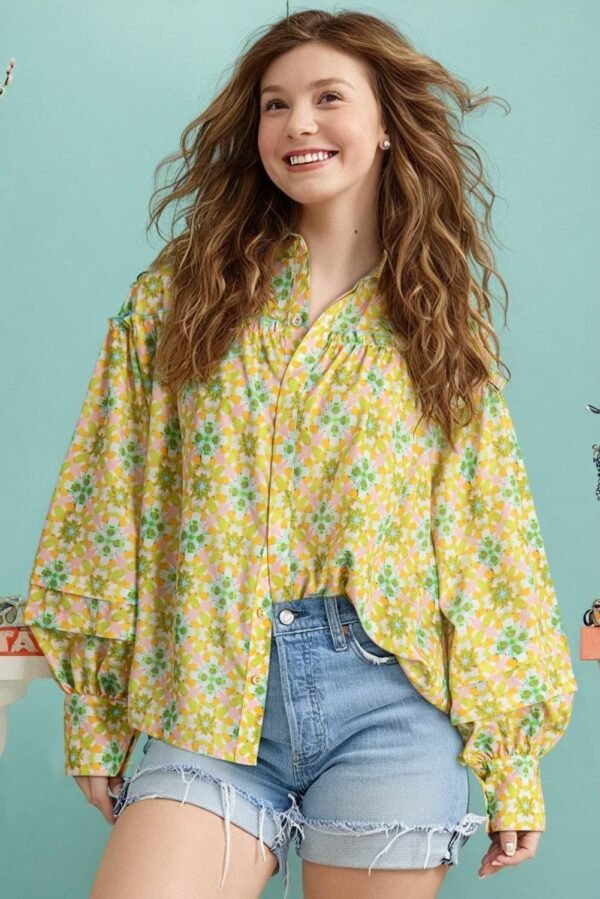 Green Boho Floral Print Frilly Detail Puff Sleeve Shirt - Image 3