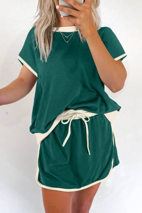 Evergreen Colorblock Edge Drop Shoulder T Shirt and Skort 2Pcs Set - Image 8