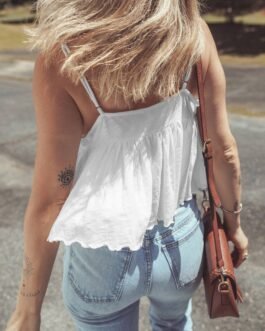 White Lace Splicing Spaghetti Straps Ruffle Flared Tank Top