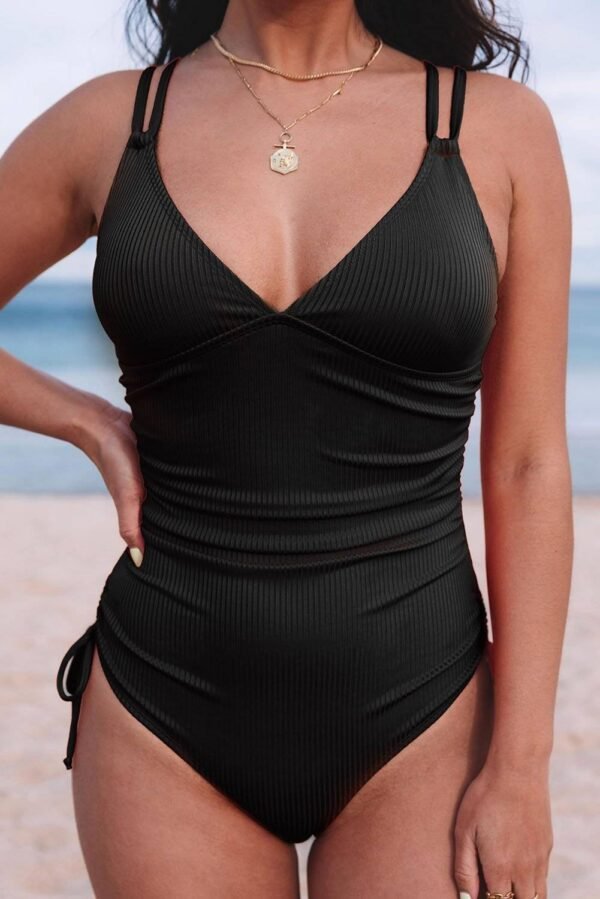 Black Adjustable Straps Ribbed Knit One Piece Swimsuit - Image 4