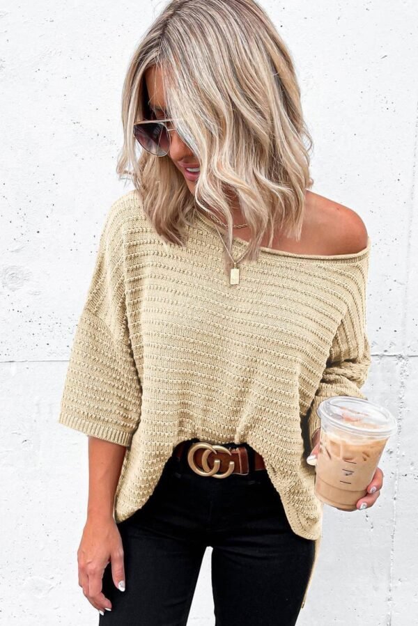 Apricot Textured Knit Drop Shoulder Short Sleeve Sweater - Image 8