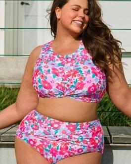 Rose Plus Size Floral Print Twisted High Waist Bikini Set