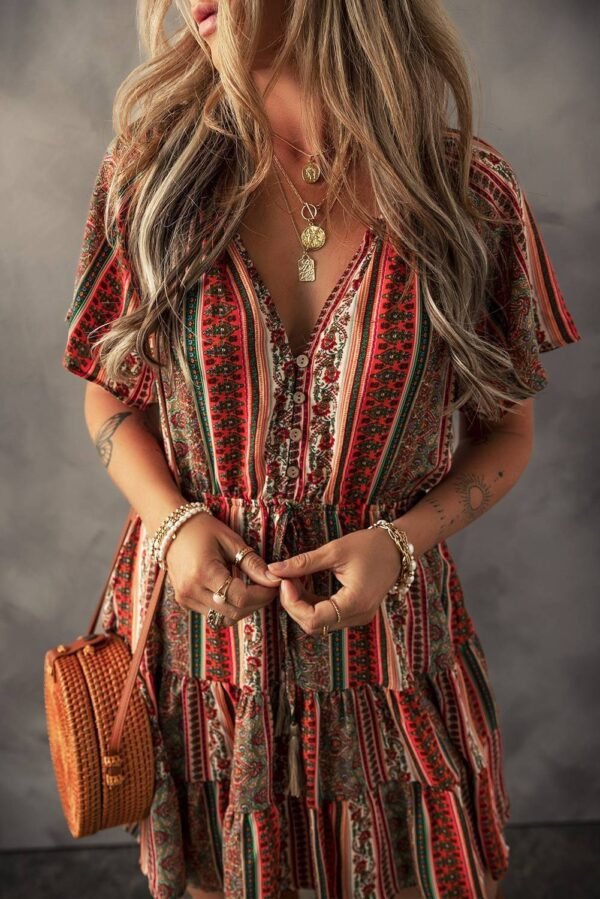 Red Bohemian Floral Print Buttoned V Neck Ruffle Tiered Dress - Image 5