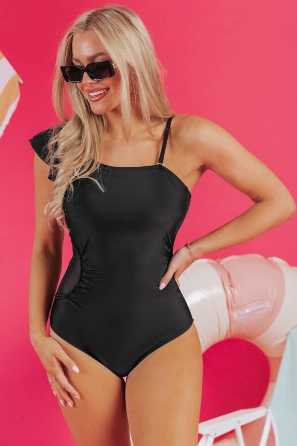 Black Asymmetric Ruffle Shoulder Pleated One Piece Swimsuit - Image 3