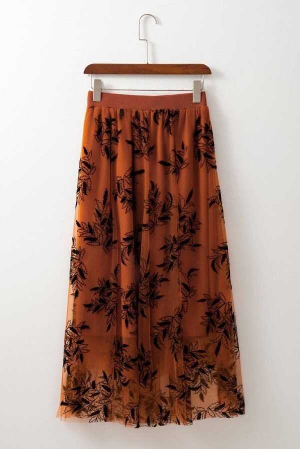 Gold Flame Floral Leaves Embroidered High Waist Maxi Skirt - Image 5