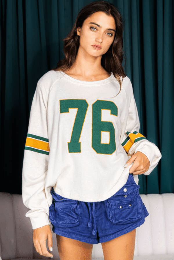 White Number 76 Printed Retro Sporty Long Sleeve Top - Image 7