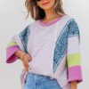Purple Stripe Floral Color Block Raw Edge Patchwork Bracelet Sleeve Blouse