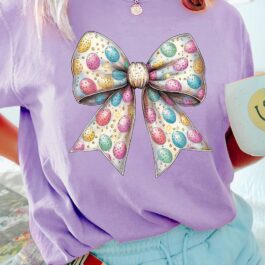 Wisteria Celebrative Easter Eggs Bow Print Casual T Shirt