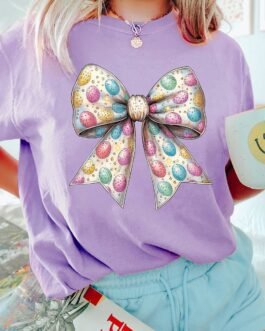 Wisteria Celebrative Easter Eggs Bow Print Casual T Shirt