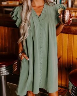 Mist Green Ruffle Sleeve V Neck Frilled Shift Dress