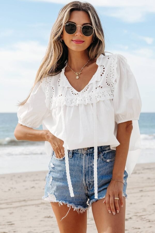 White Embroidered Lace Patchwork Tie Neck Puff Short Sleeve Blouse - Image 4