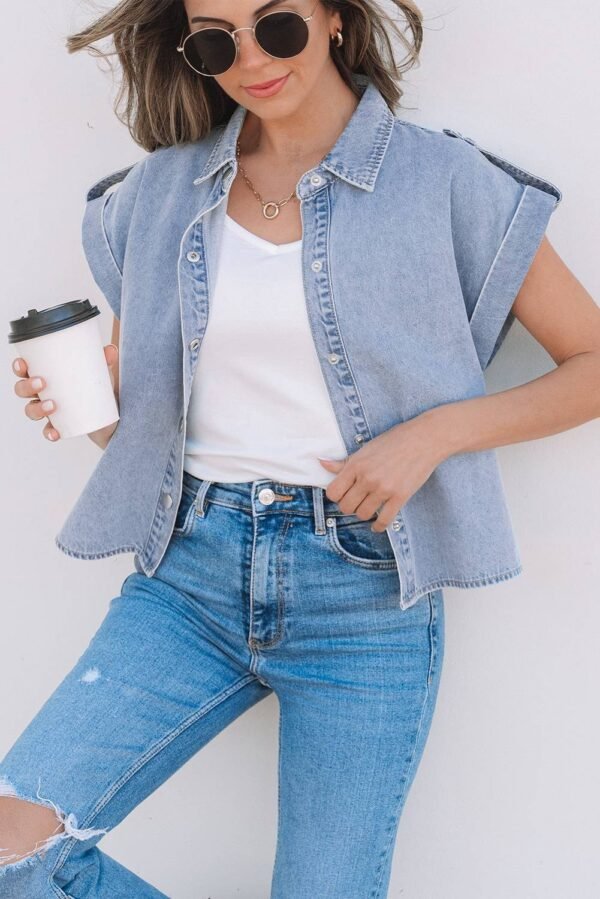 Dusk Blue Denim Pinup Folded Cap Sleeve Shirt - Image 3