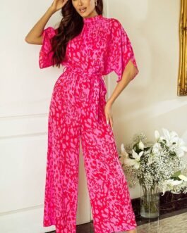 Rose Leopard Loose Sleeve Belted Wide Leg Jumpsuit