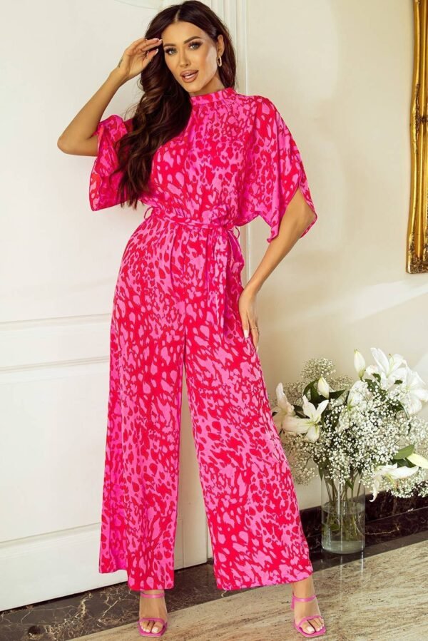 Rose Leopard Loose Sleeve Belted Wide Leg Jumpsuit
