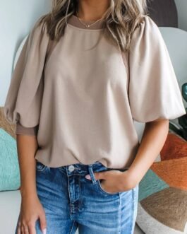 Goat Half Lantern Sleeve Solid Colour Pullover Top