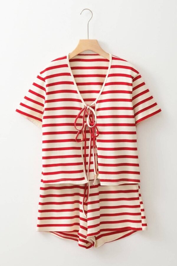 Red Stripe Lace-up Front Top and High Waist Shorts Set - Image 4
