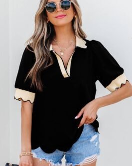 Black Color Contrast Collared V Neck Puff Sleeve Blouse