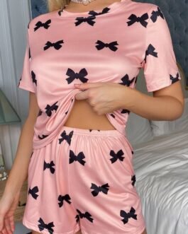 Pink Bow Printed Short 2pcs Lounge Set