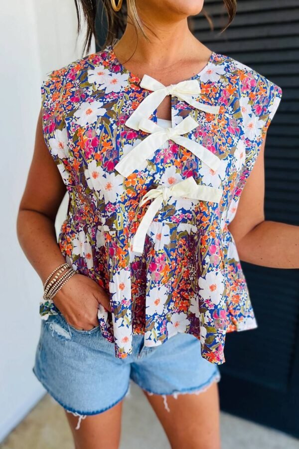 Green Floral Print Bow Applique Slit Sleeveless Peplum Blouse - Image 4