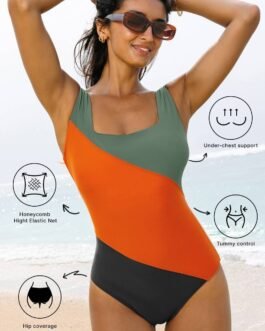 Duffel Green Color Block Padded Square Neck One Piece Swimsuit