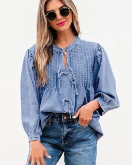 Myosotis Denim Front Pintuck Bow Tie Puff Sleeve Top