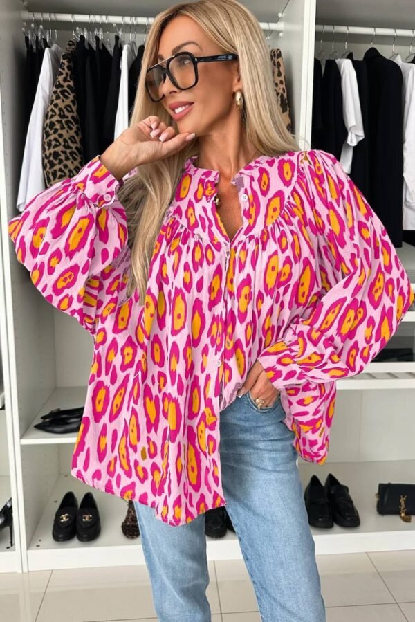 Light French Beige Oversized Leopard Print Balloon Sleeve Casual Shirt - Image 15