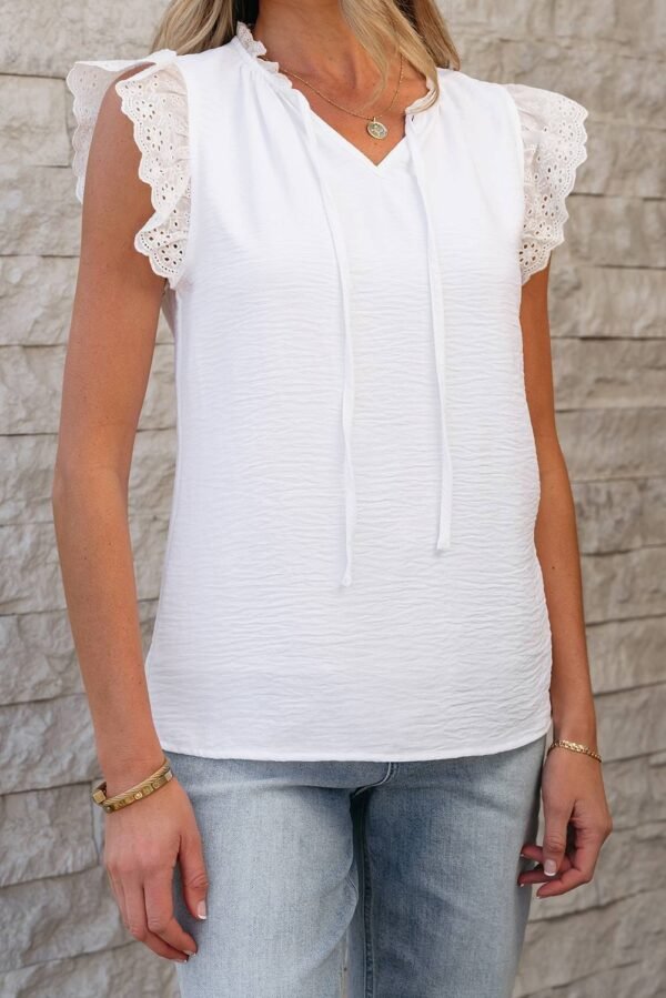 White Embroidered Ruffle Trim Textured Blouse - Image 7
