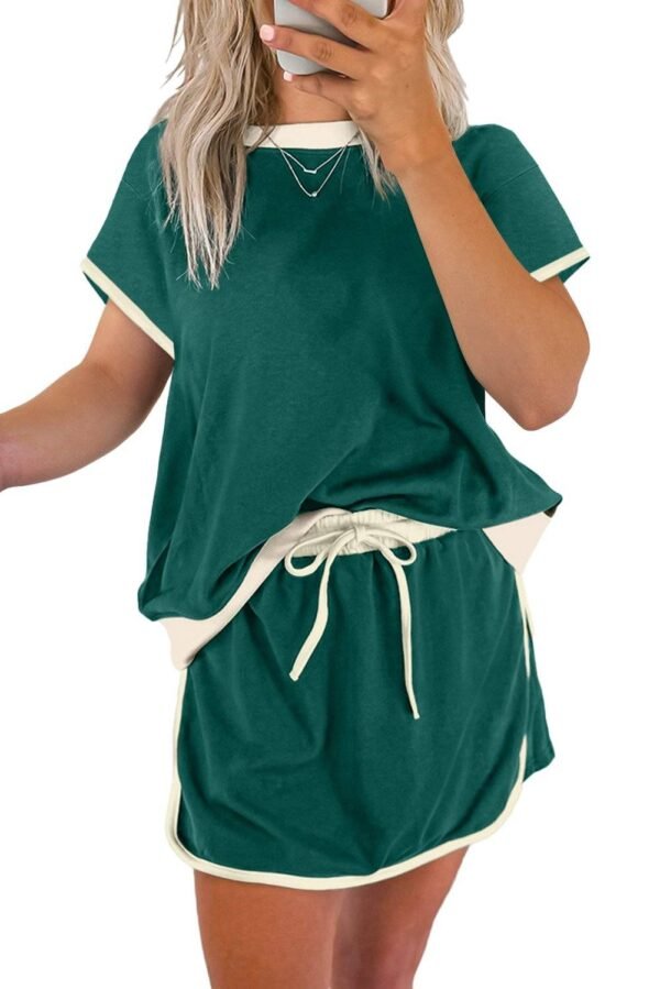 Evergreen Colorblock Edge Drop Shoulder T Shirt and Skort 2Pcs Set - Image 9