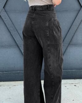 Dark Grey Pleated Wide Leg Mineral Wash Denim Pants