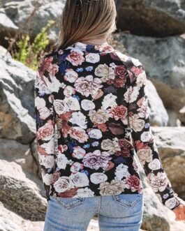 Pink Mesh Floral Print Mock Neck Long Sleeve Slim Top