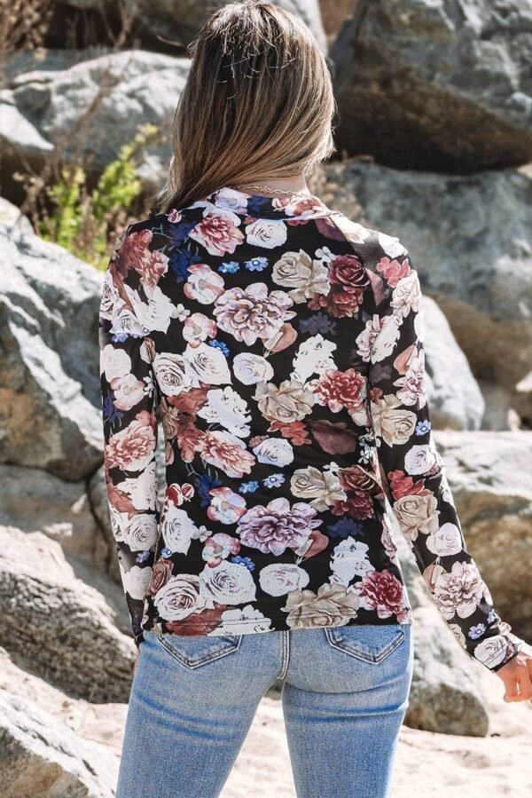 Pink Mesh Floral Print Mock Neck Long Sleeve Slim Top - Image 2