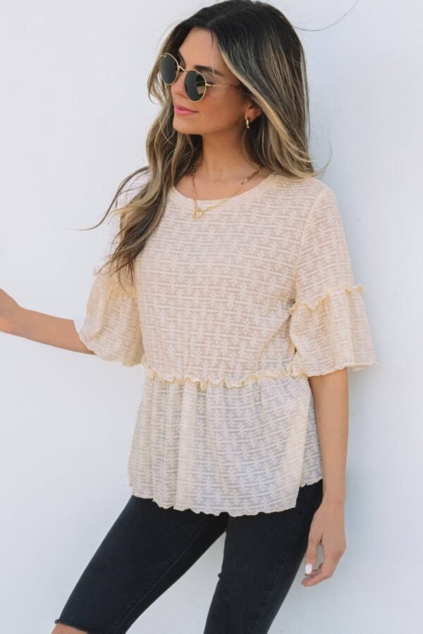 Beige Solid Color Textured Ruffled Short Sleeve Blouse - Image 3