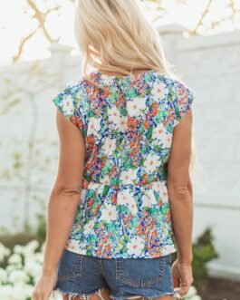 Green Floral Print Bow Applique Slit Sleeveless Peplum Blouse